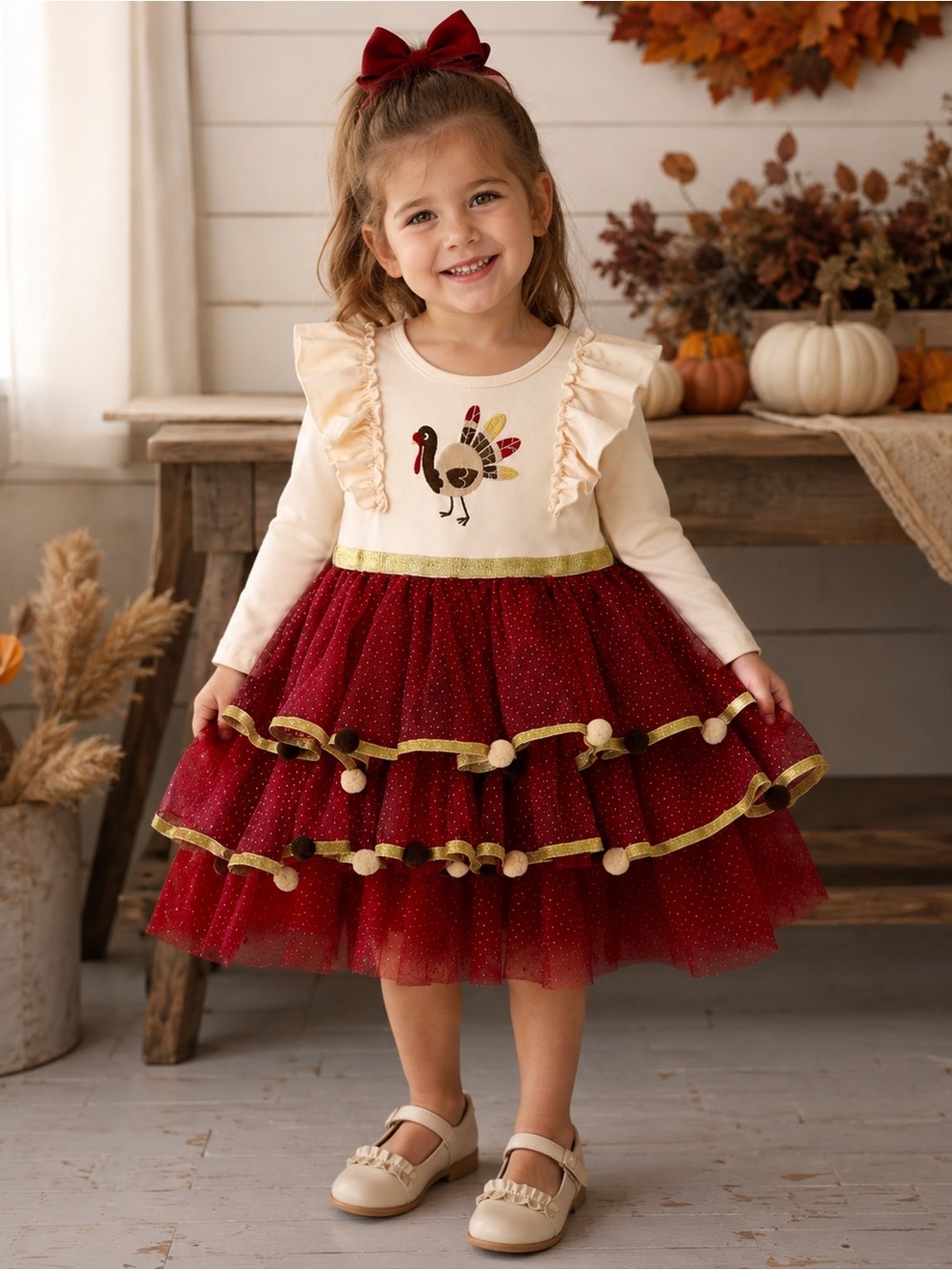 Rylee Faith Autumn Thanksgiving Tulle Red Girls Long sleeve Dress